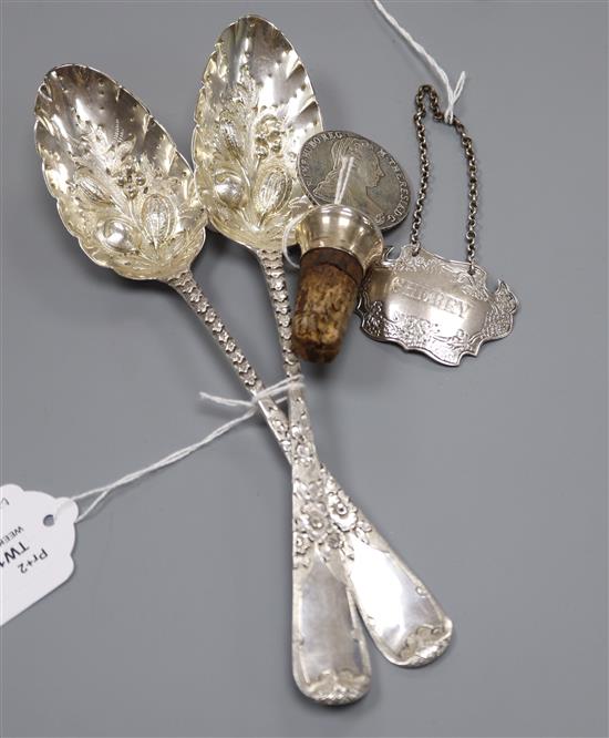 A pair of Scottish George III silver berry spoons, Edinburgh 1799 (later embossed) and two other items,